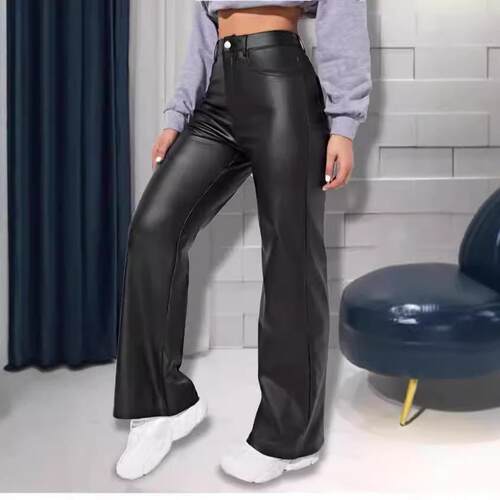 Women Plain Waist PU Straight Leg Pants Casual Pocket Button