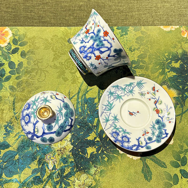 斗彩青花陶瓷三才盖碗复古风敬茶碗功夫茶具大容量家用单个泡茶碗