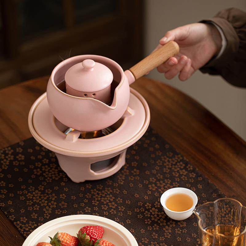 粉色陶瓷煮茶炉温茶器茶壶家用木柄侧把壶套装围炉煮茶器具茶具