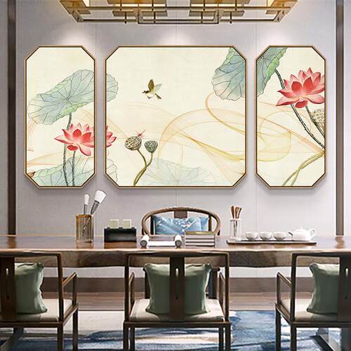 网红新背中式禅意客厅装画茶室沙发饰景墙画书国风荷花挂水房墨三