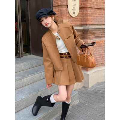 SPYB高级感时尚鹿皮绒套装女春秋季美拉德穿搭一整套百褶裙两件套