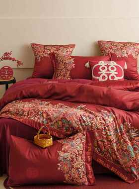 新中ZJR式结婚四件套红色婚庆床笠婚喜被床单新婚套陪嫁被床上用