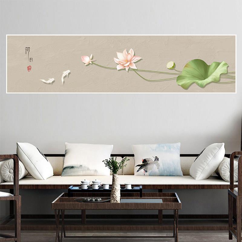 中式荷花鲤鱼简约禅意贴画客厅卧室壁画背景墙办公室自粘画