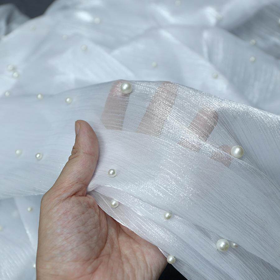 高档冰花阳离子纱钉大小珍珠婚纱礼服裙装高档披纱欧根纱时装裙纱