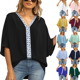 3欧美夏季女装蝙蝠袖雪纺v领短袖衬衣衬衫跨境2349