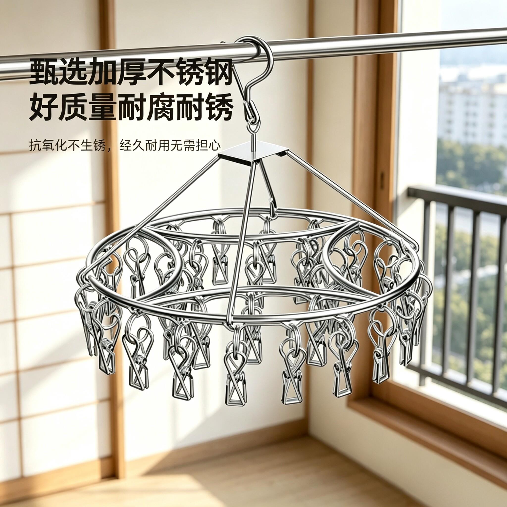 304不锈钢阳台防风扣多功能圆形多夹子晾衣架袜子凉晾晒衣夹神器图片
