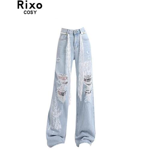Rixo Cosy浅蓝破洞蕾丝阔腿牛仔裤女2025夏季爆款设计感时尚长裤