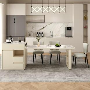 可伸缩中岛台餐桌一体现代简约岩板饭桌厨房圆弧形家用小户型茶桌