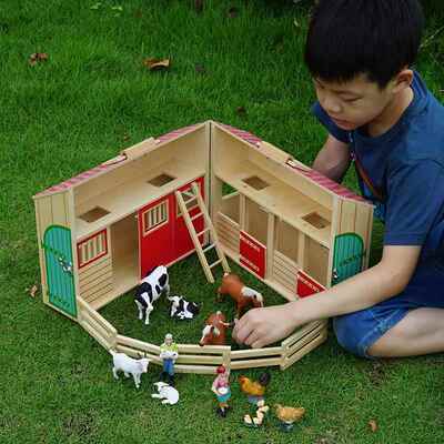 手提房子马房马厩农场套装过家家玩具彷真模型马奶牛鸡羊马农夫