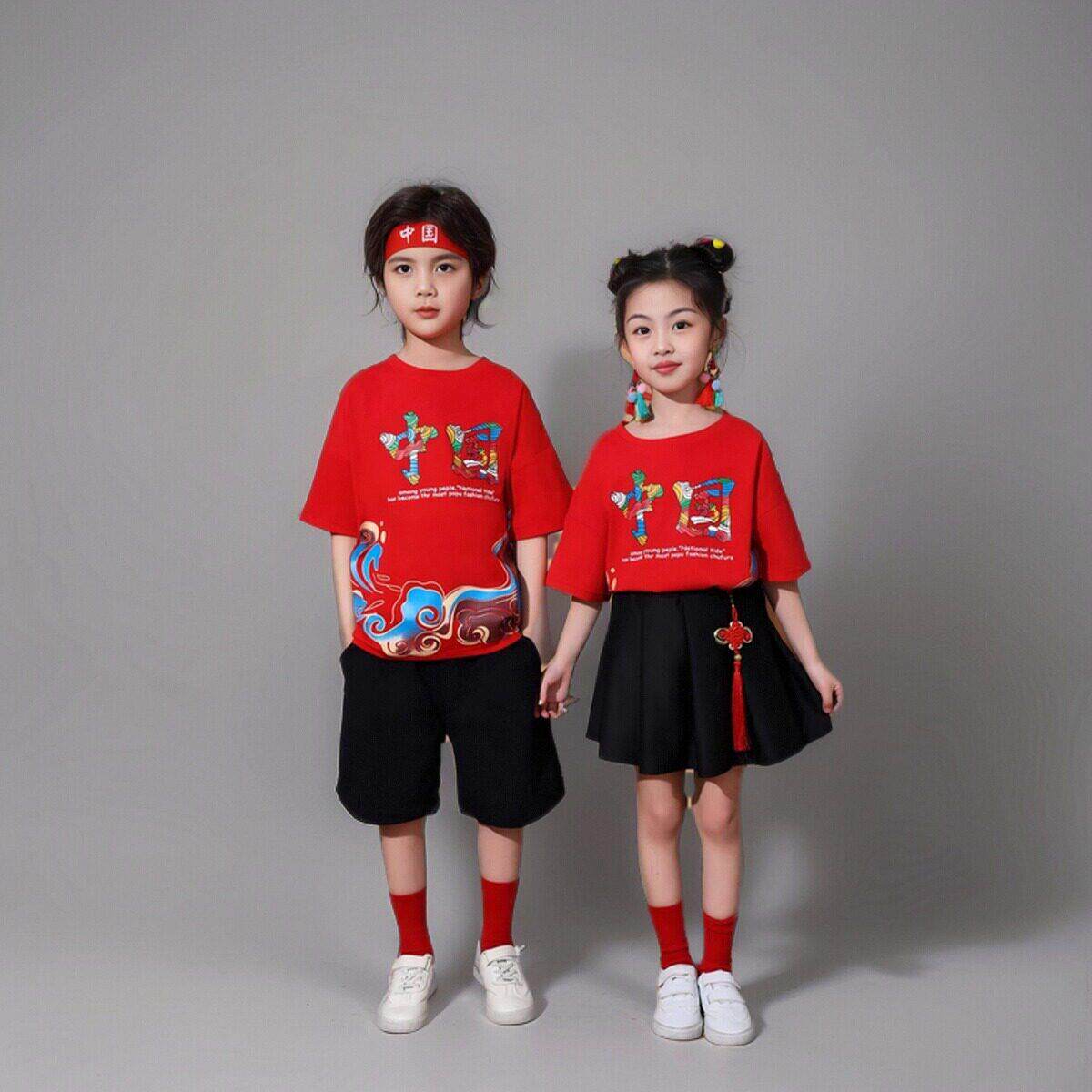 儿童六一表演服装中国风男童架子鼓汉服女童走秀啦啦操演出服国潮