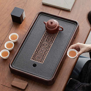 仿乌金石瓷茶盘实木茶盘家用功夫茶具茶台带排水储水单盘茶托盘