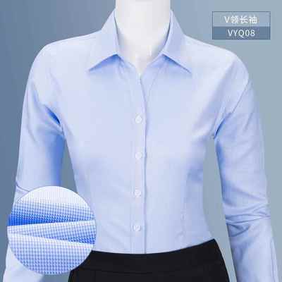 高档HN纯棉衬烫免职业女士衬衫长袖蓝浅蓝色正装白竖条纹工装工作