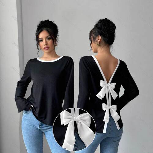 Women Colorblock Bow Contrast Binding Drop Shoulder Sweater