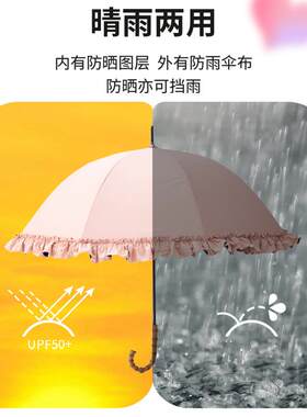 日系小清新花边公主伞手动黑胶防晒伞女竹柄遮阳伞直杆雨伞