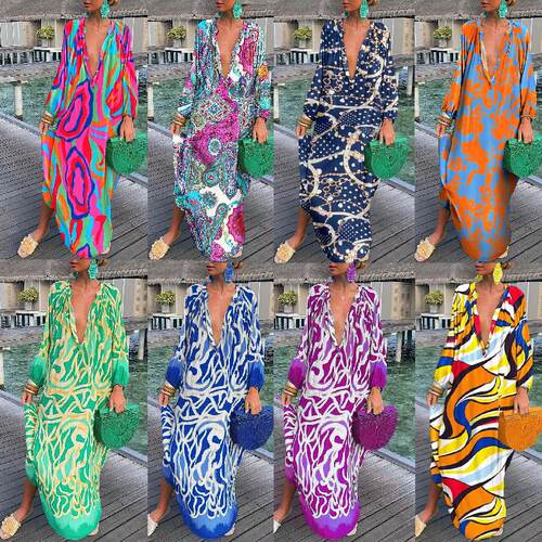 Women's printed pullover, long sleeved dress, long skirt