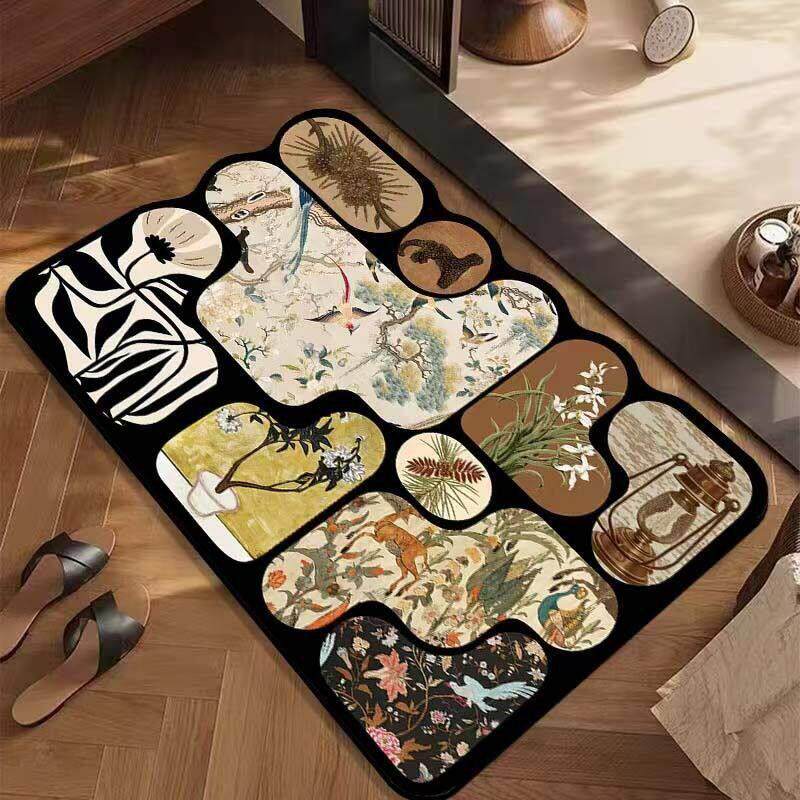 现货中式硅藻泥地垫家用花鸟浴室地垫卫生间吸水脚垫入户门垫