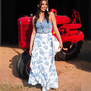 Women's Boho Floral High-Waist Ruffle Split Maxi Skirt,