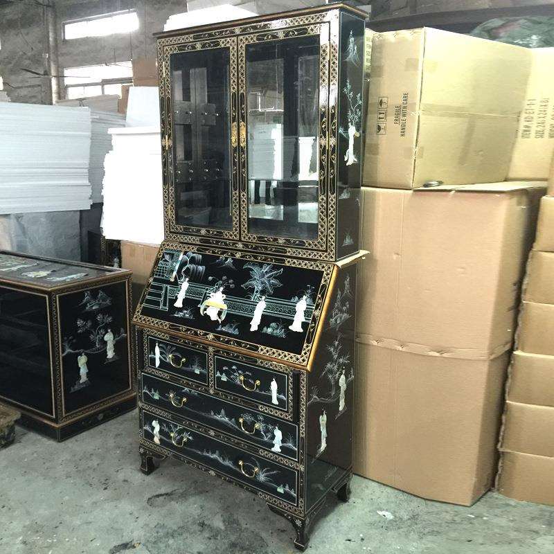 至高美玻璃书柜亮光烤漆展示柜螺钿工艺贝壳仕女彩绘家具博古柜子
