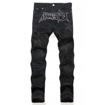 Men Letter Embroidery Jeans 男士字母刺绣直筒宽松牛仔裤破洞