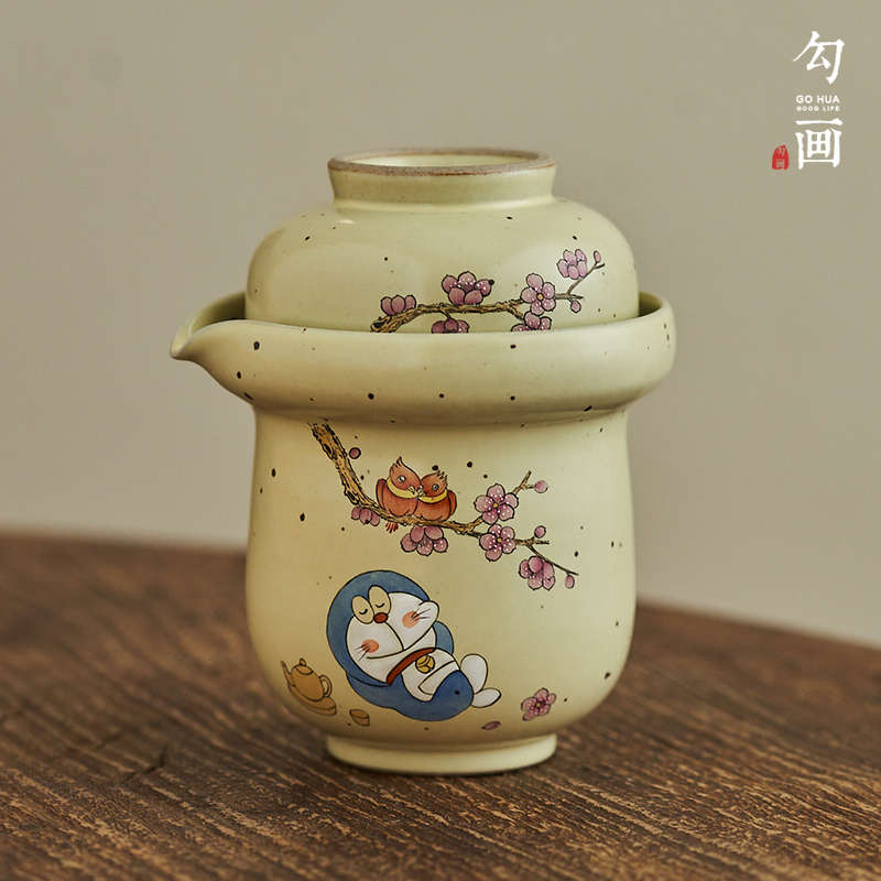 景德镇手绘多啦a梦快客杯旅行茶具一壶一杯茶壶一个人喝茶手抓壶