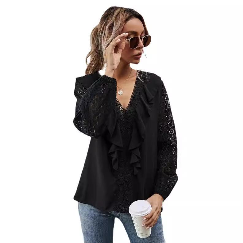 V-neck ruffled hollow polka dot lace long-sleeved womens