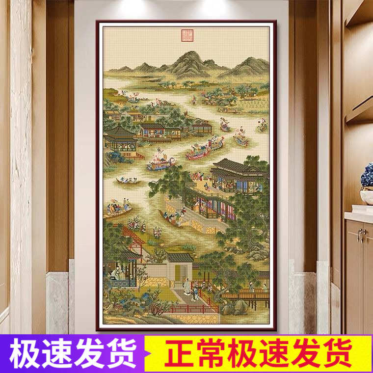 雍正十二月五月十字绣2025新款线绣风景名画玄关客厅小件手工刺绣