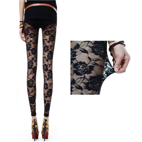 Rose lace mesh transparent cropped women's leggings