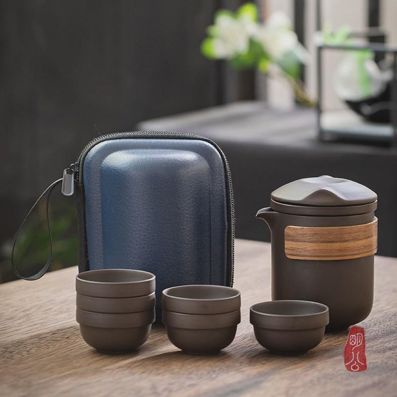 紫砂快客杯一壶六杯旅行茶具便携包套装户外泡茶专用陶瓷茶具小套