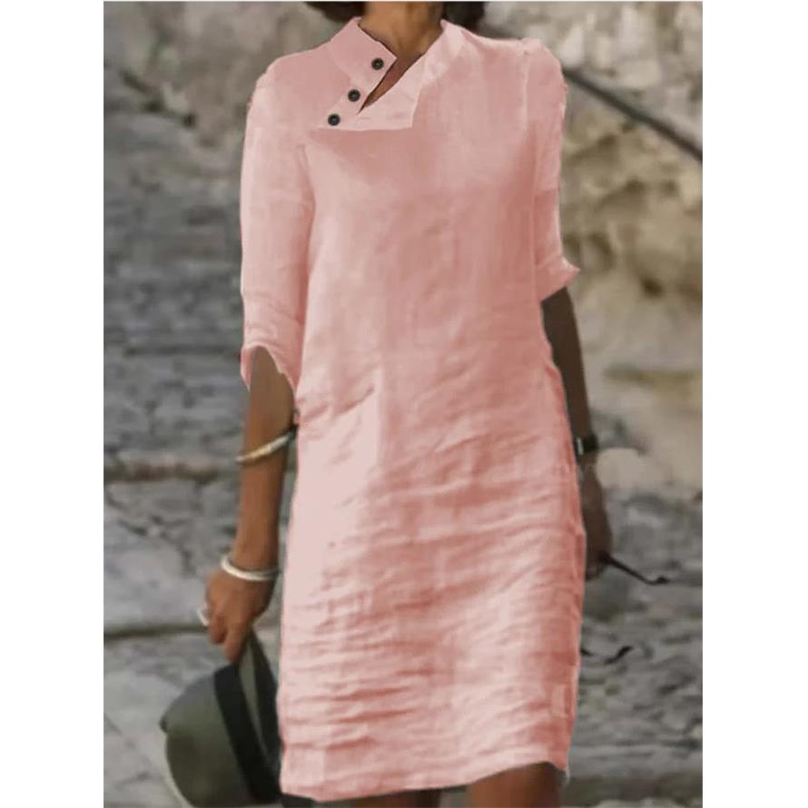 Dress Sleeve Mid Color Solid Linen and Cotton Button Collar