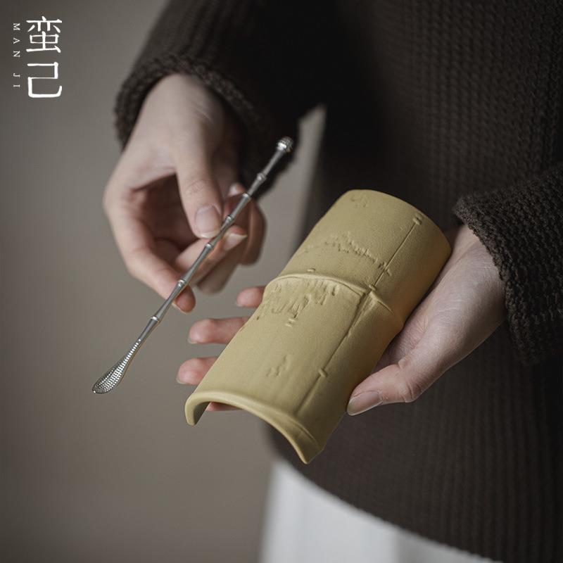 蛮己侘寂风日式粗陶茶则茶道配件仿生竹节观茶器投茶器陶瓷茶荷