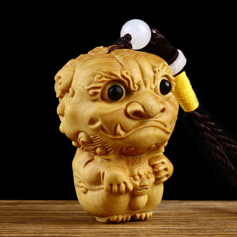 黄杨木雕刻瑞兽纳福狮子手工艺品家居饰品手把件把件吊坠狮来运转
