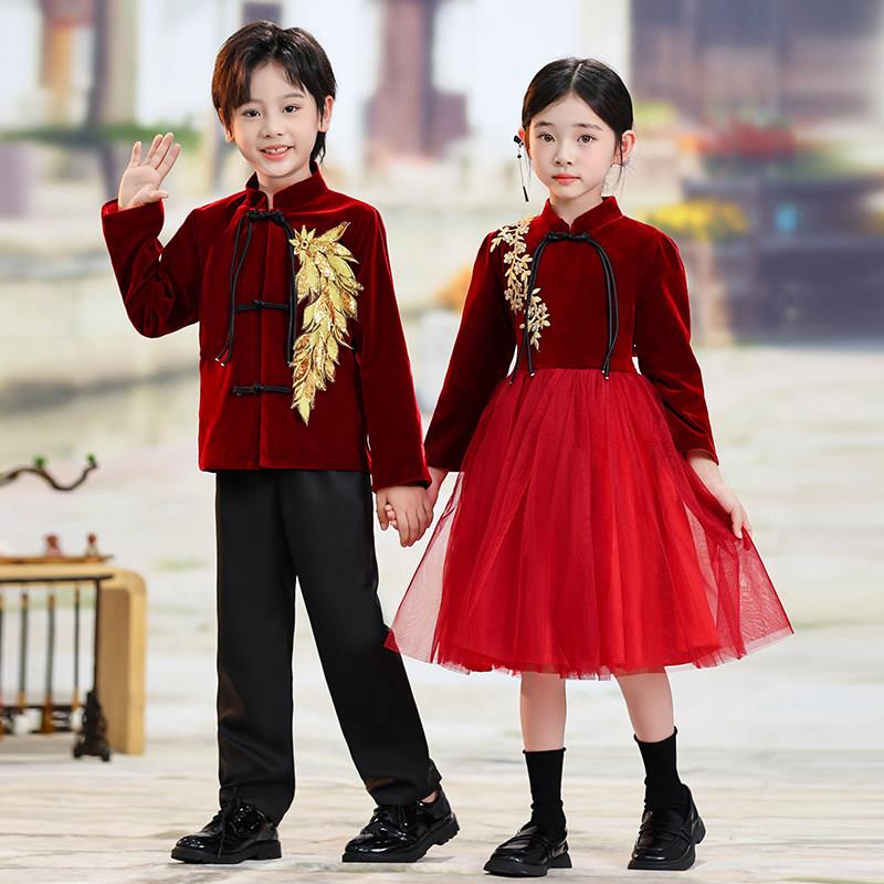 儿童古筝演奏服男女童红色国风合唱表演服小学生爱国红歌朗诵比赛图片