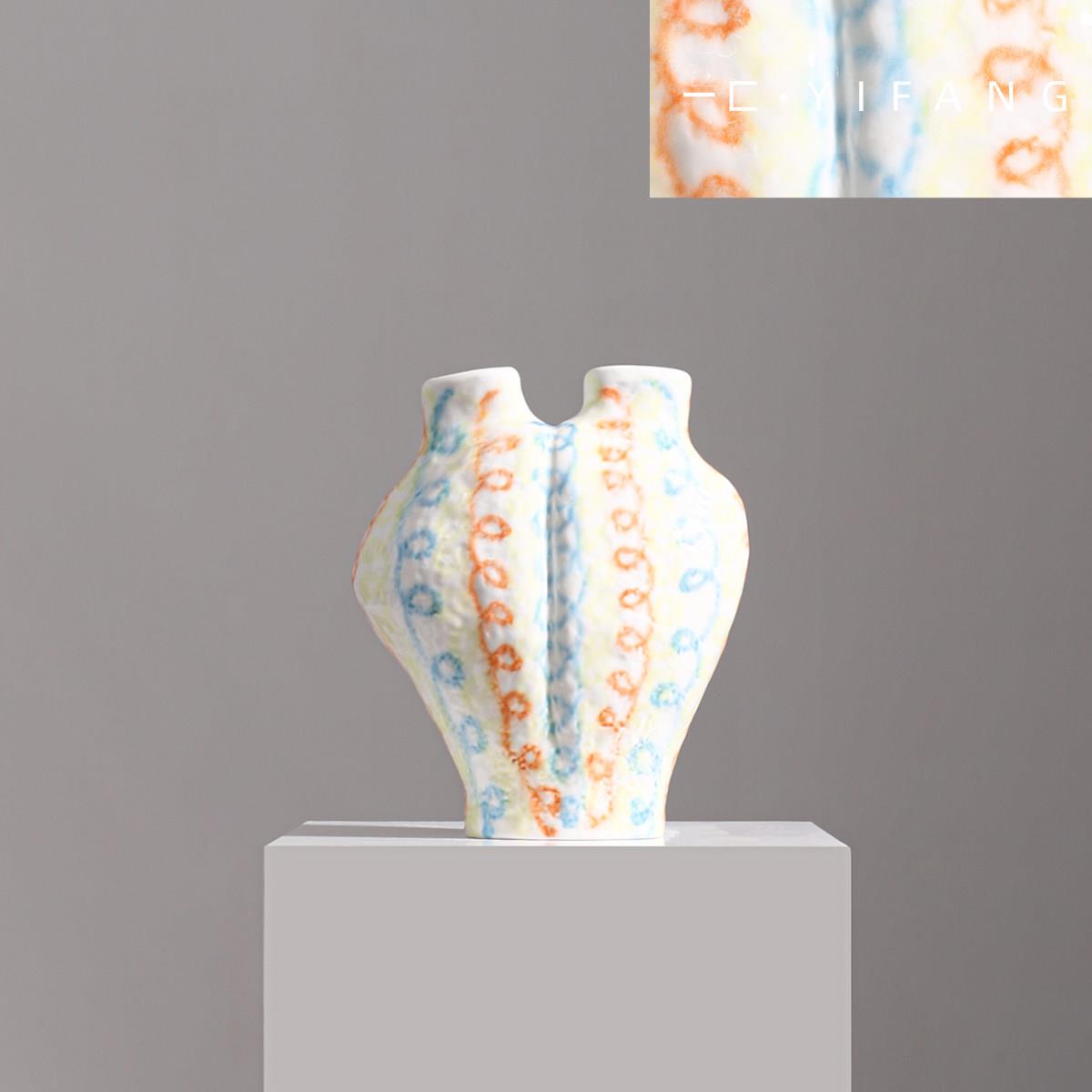 一匚《艺术》现代艺术彩色涂鸦陶瓷双口瓶 玄关客厅餐厅桌面花器