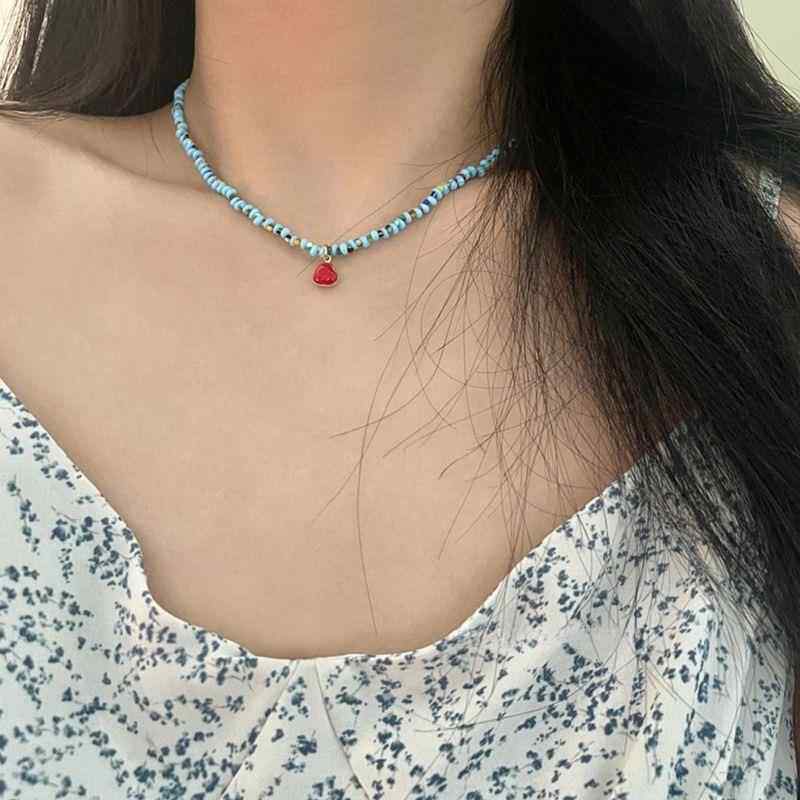 夏日蓝色串珠红色爱心设计感项链新款潮甜美百搭个性锁骨链