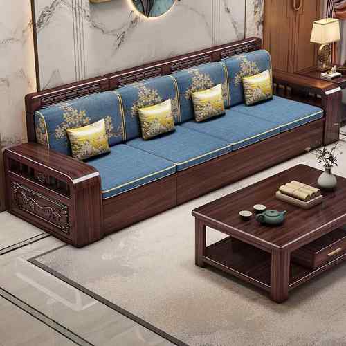 新中式实木沙发紫金檀木大小户型客厅冬夏两用木质布艺直排木沙发