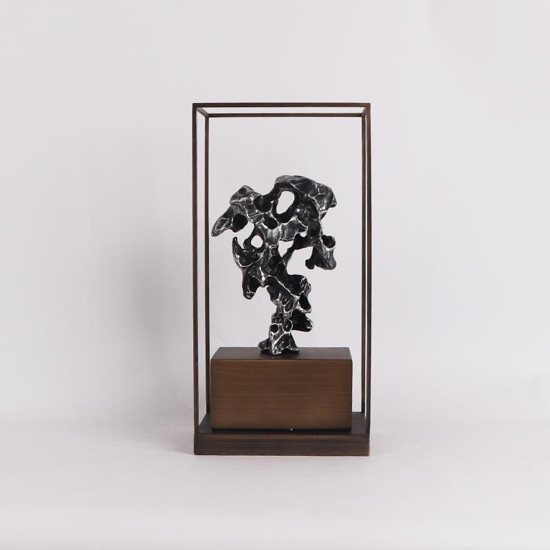 现代新中式太湖石铁艺框架展示摆件展厅售楼处大堂隔断茶几饰品
