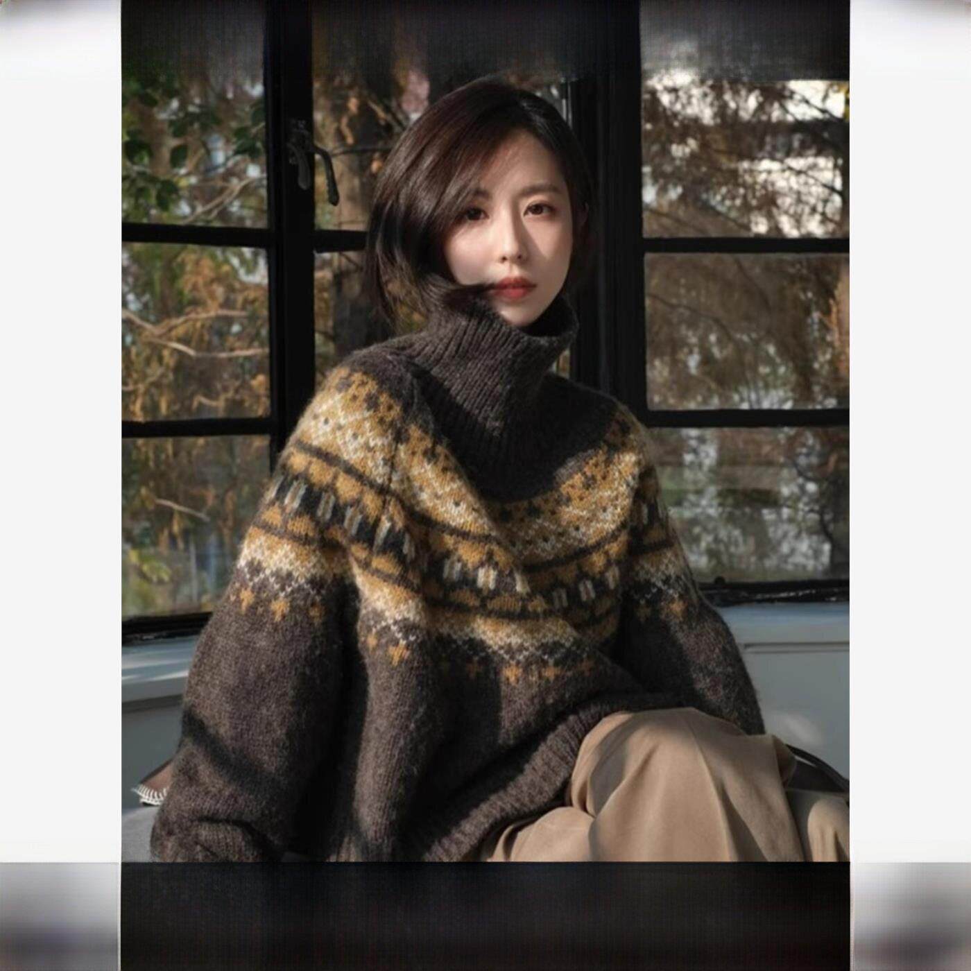 秋冬加厚覆古深棕色高领羊绒衫女士宽松保暖针织内羊毛底衫