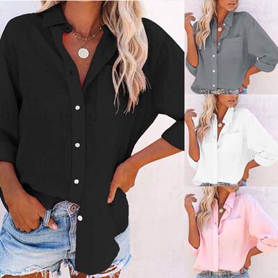 Women Oversized Button Shirt Collared Neck Sleeve Casual