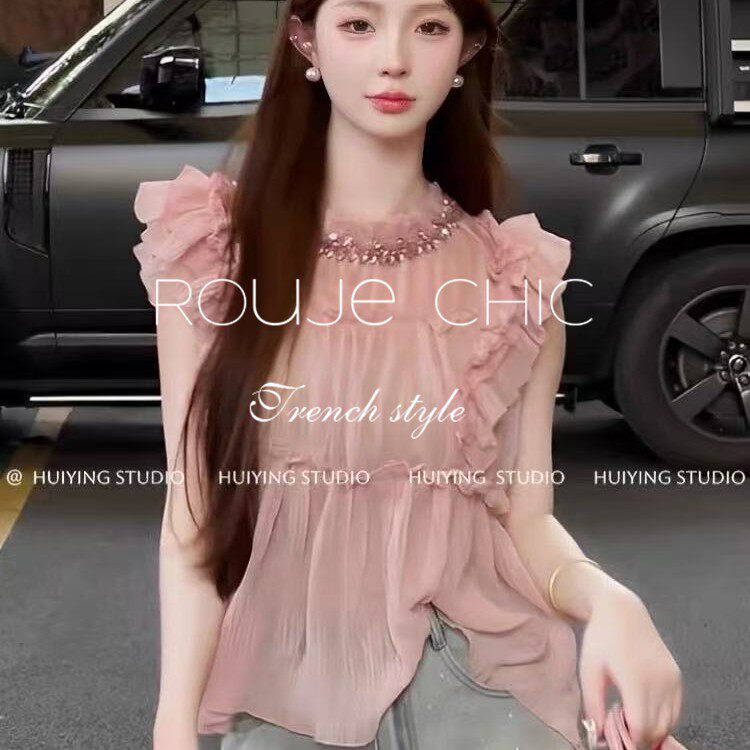 法国rouje chic法式粉色镶钻荷叶边荷叶袖衬衫女夏季修身设计上衣