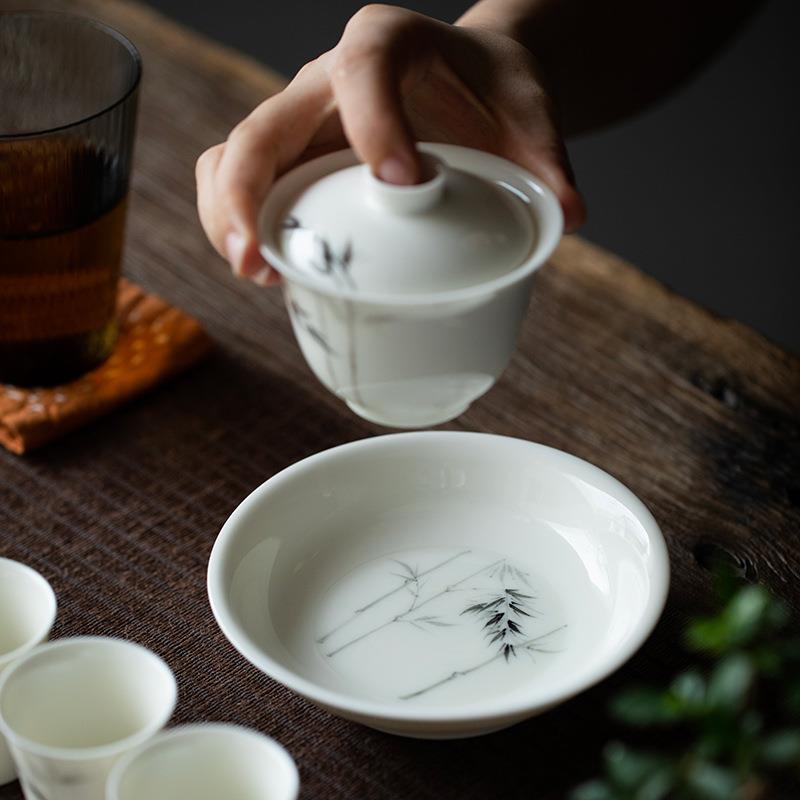 白瓷手绘墨竹引茶室陶瓷壶承干泡果盘点心盘茶道配件壶托中式壶垫
