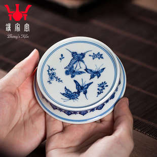 景德镇陶瓷青花柴窑手绘百蝶图茶道配件壶托杯垫 钟家窑盖置盖托