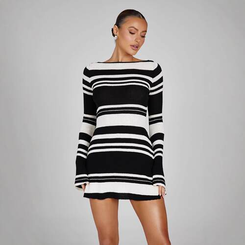 Women's Striped Print Backless Tie Back Sweater Dress Long
