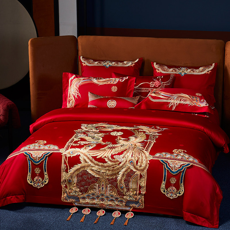 140支全棉婚庆大红色龙凤刺绣新婚四六件套结婚嫁床上用品喜被子,床上用品,婚庆床品套件,淘宝优惠券,粉丝福利购,淘宝优惠卷