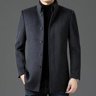 中冬件老年11509-PP男士毛呢绒大衣中长款立领羽内胆秋双面呢外套