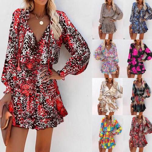 Women's Bohemian Print V-Neck Long Sleeve Dress- Flowy Beach