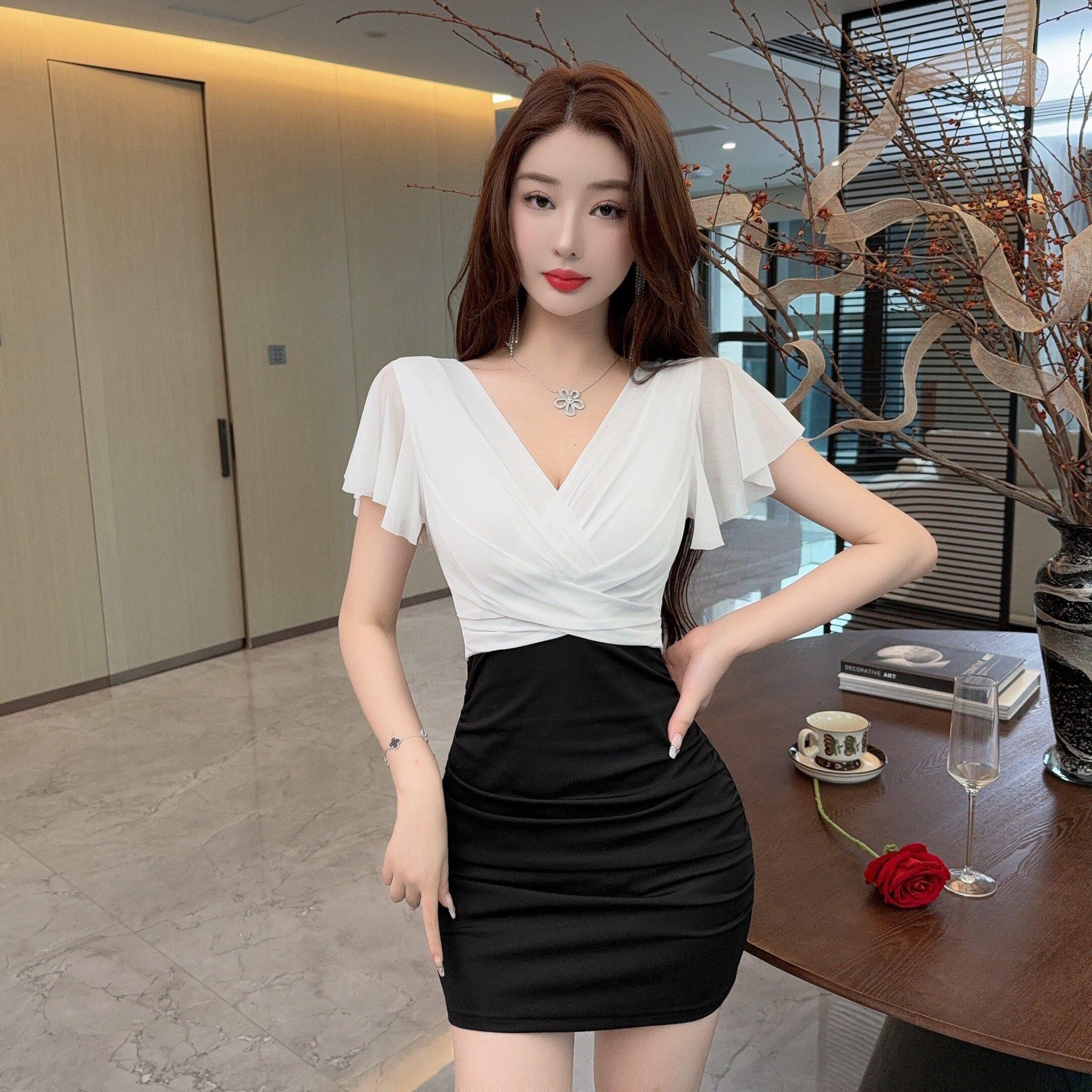 性感蕾丝拼接撞色包臀打底夜店技师工作服飞飞袖短袖连衣裙子