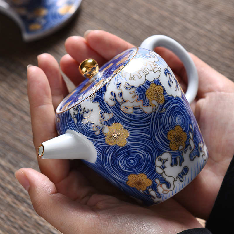 功夫大号不小茶壶盖碗泡茶烫手单个彩茶壶珐琅壶三才青花星空海浪