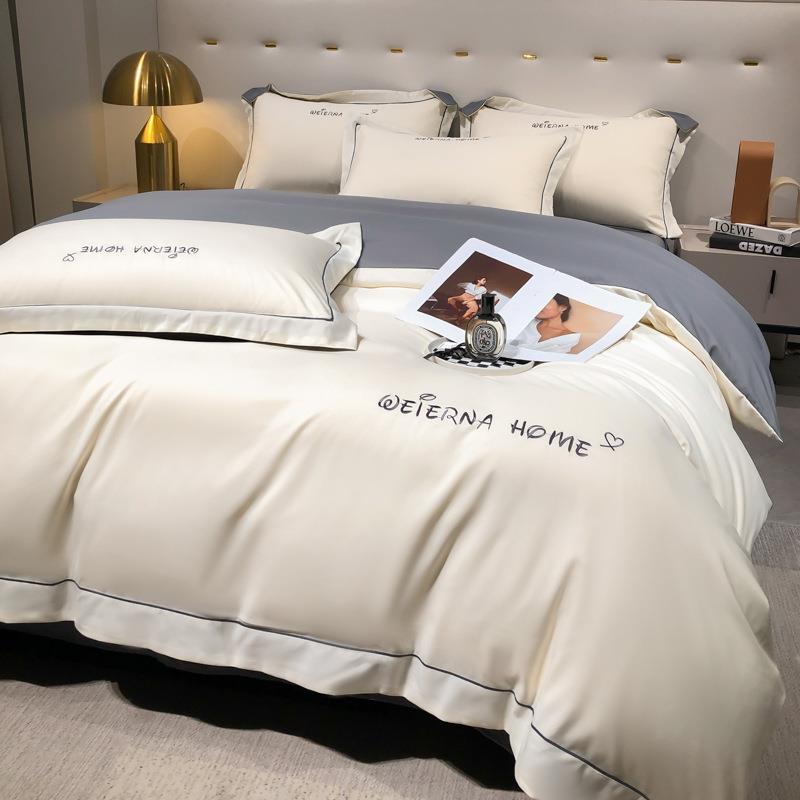 纯色双拼轻奢风刺绣花植物羊绒暖绒床单三四件套直销贸易