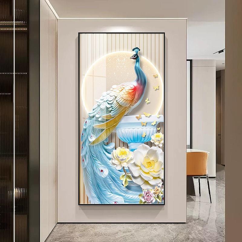 PDD47229轻奢大雀气玄关饰画高档孔走廊过道装挂画楼梯壁画大幅落