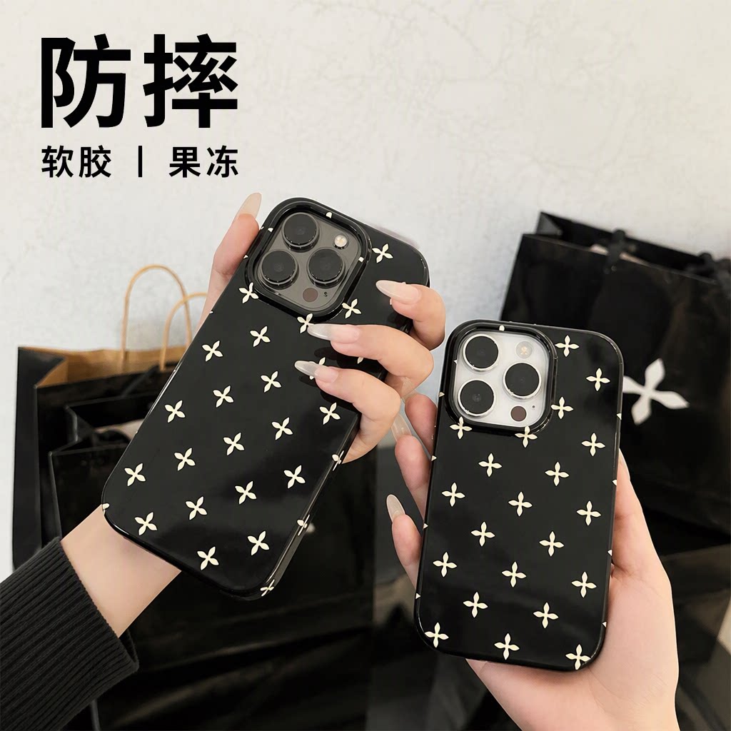 适用iphone16PROMAX/15plus/14/13/12/11苹果17Pro手机壳满屏十字花黑色软胶果冻彩绘防摔保护壳
